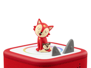 Red fox Tonie figure on Toniebox with colorful display showing bedtime theme