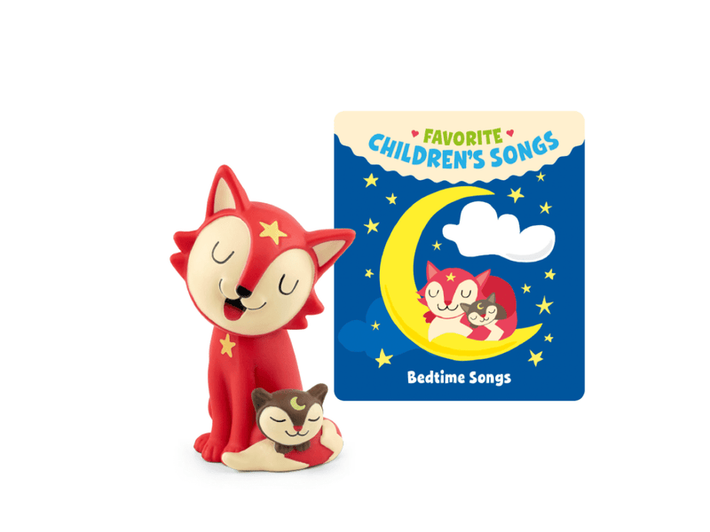Red fox Tonie figure with brown baby fox and Bedtime Songs card on white background