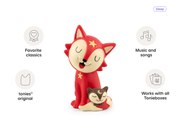 Red fox Tonie figure with baby fox showing sleep and music features on white background