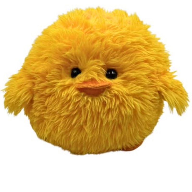 A round, fluffy yellow plush chicken with a small orange beak and black bead eyes, isolated on a white background.