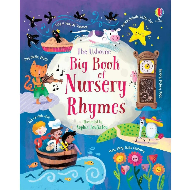 Book cover of 'The Usborne Big Book of Nursery Rhymes' with colorful illustrations and text.