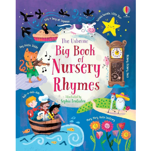 Book cover of 'The Usborne Big Book of Nursery Rhymes' with colorful illustrations and text.