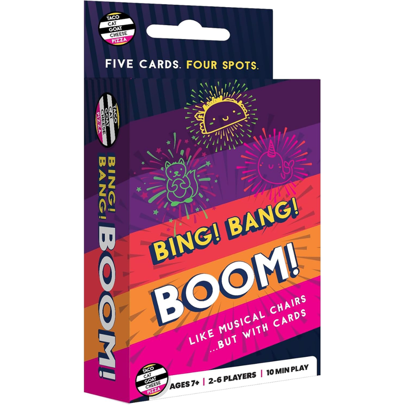 Box for the 'Bing! Bang! Boom!' card game with colorful design on a white background.