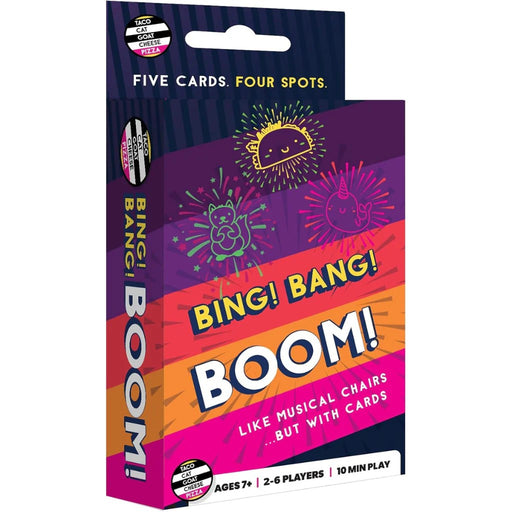 Box for the 'Bing! Bang! Boom!' card game with colorful design on a white background.