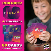 Product packaging for 'Bing Bang Boom' game set with launch pads and cards, featuring a child playing with the game.
