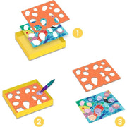 DJECO coloring activity set with stencils and templates showing step-by-step instructions