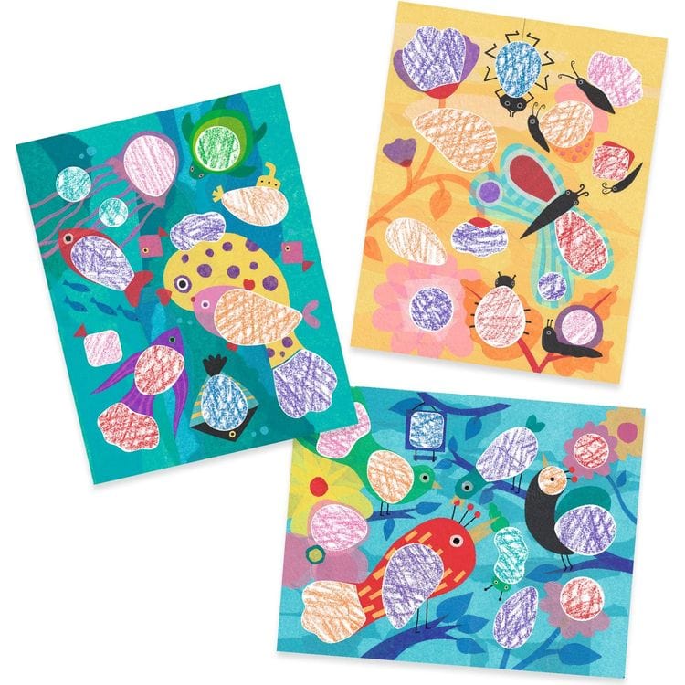 DJECO Birdie & Co coloring activity set showing three completed colorful bird-themed art projects