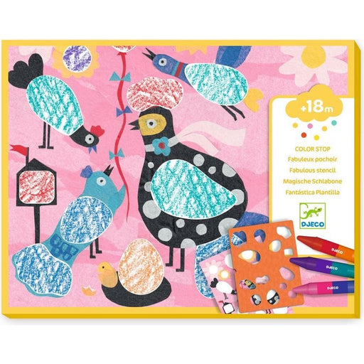 DJECO Birdie & Co coloring stencil kit with bird designs and colored pencils
