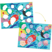 DJECO Birdie & Co coloring activity showing before and after bird-themed art with white shapes to color