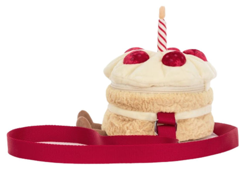 Jellycat Amuseables Birthday Cake plush bag with red cherries, candle, and red strap