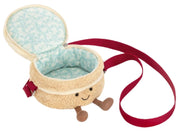 Jellycat Amuseables Birthday Cake Bag open showing teal interior with red crossbody strap