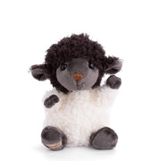 Plush black and white sheep stuffed animal toy with curly fleece body