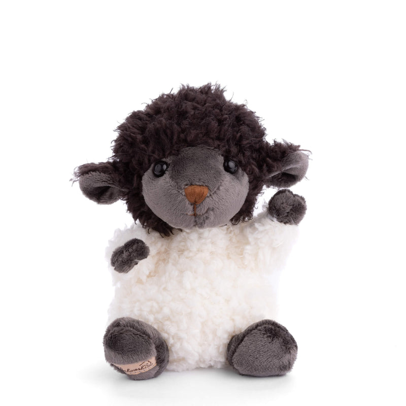 Plush black and white sheep stuffed animal toy with curly fleece body
