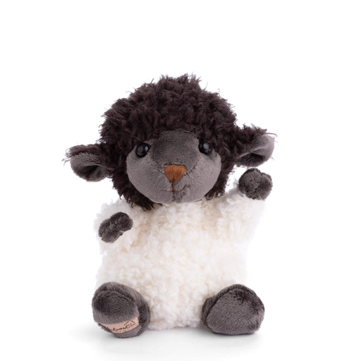 Plush black and white sheep stuffed animal toy with curly fleece body