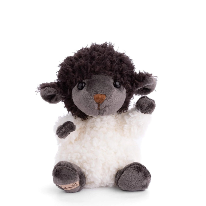 Plush black and white sheep stuffed animal toy with curly fleece body
