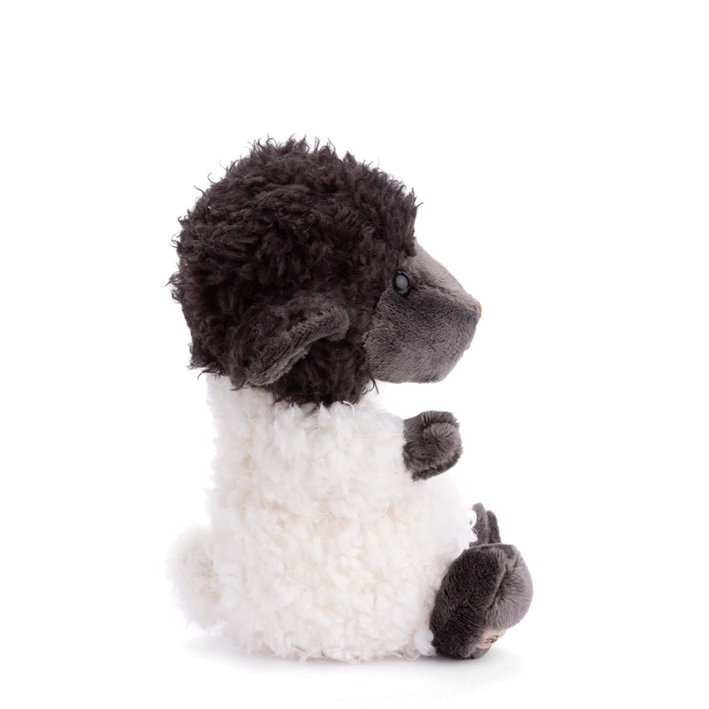 Plush sheep stuffed animal with black curly fleece head and white body