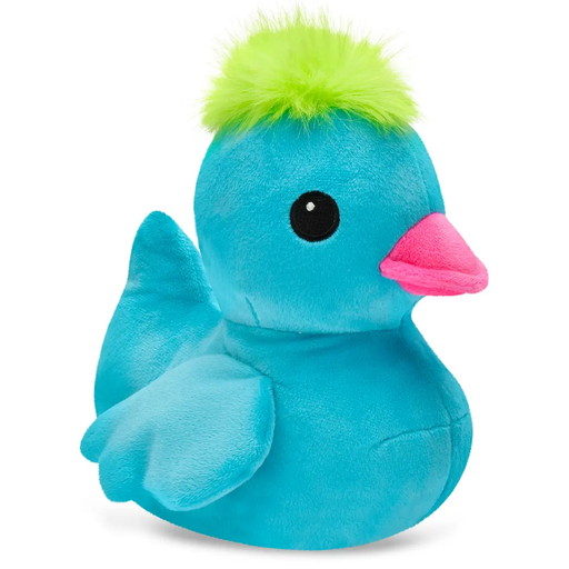 Right facing Blue plush duck with green hair and an oranpinkge beak on a white background.