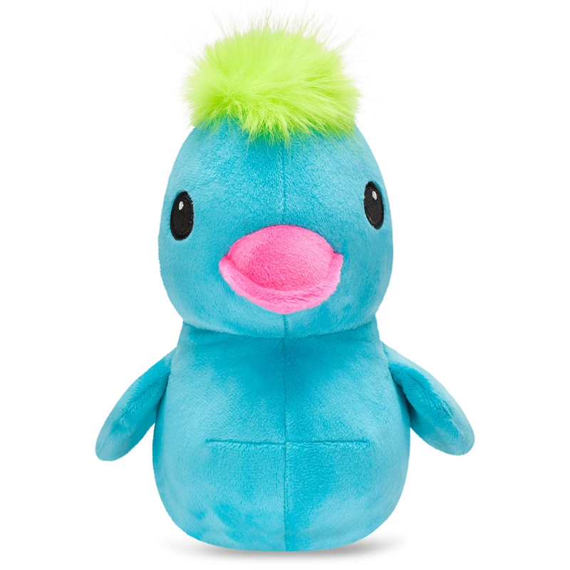 Front facing Blue plush duck with green hair and a pink beak on a white background.