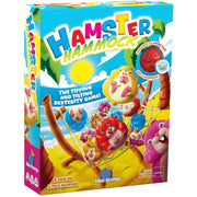 Hamster Hammock board game box featuring colorful cartoon hamsters and a hammock on a beach-themed background, with the title 'Hamster Hammock' prominently displayed.