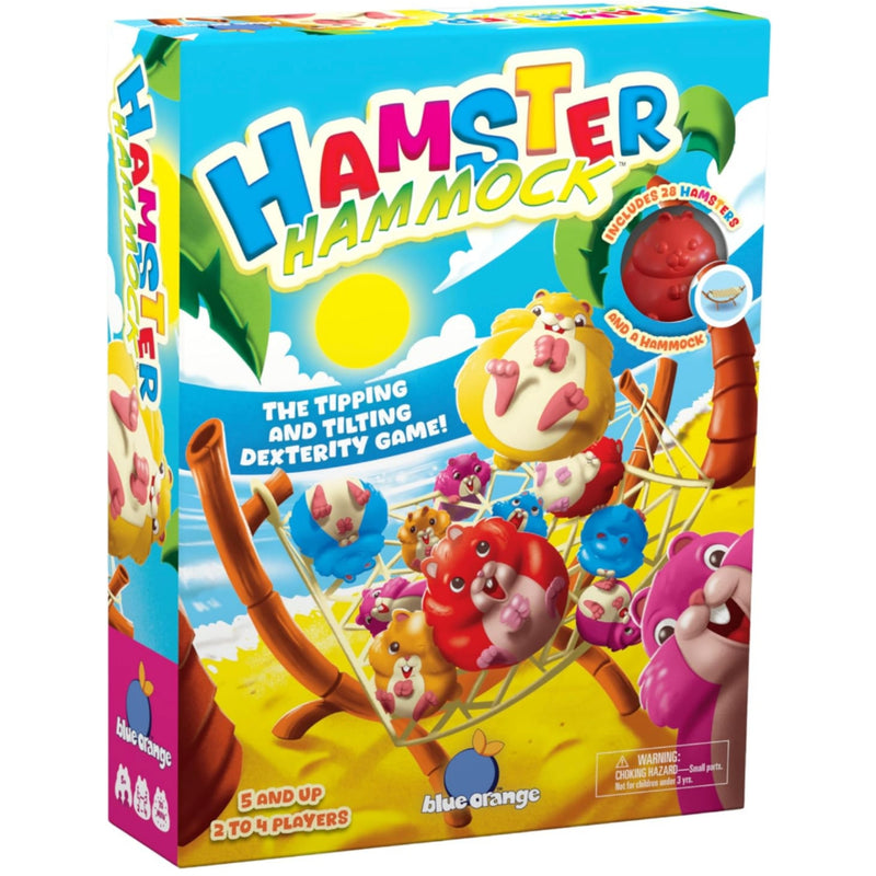 Hamster Hammock board game box featuring colorful cartoon hamsters and a hammock on a beach-themed background, with the title 'Hamster Hammock' prominently displayed.