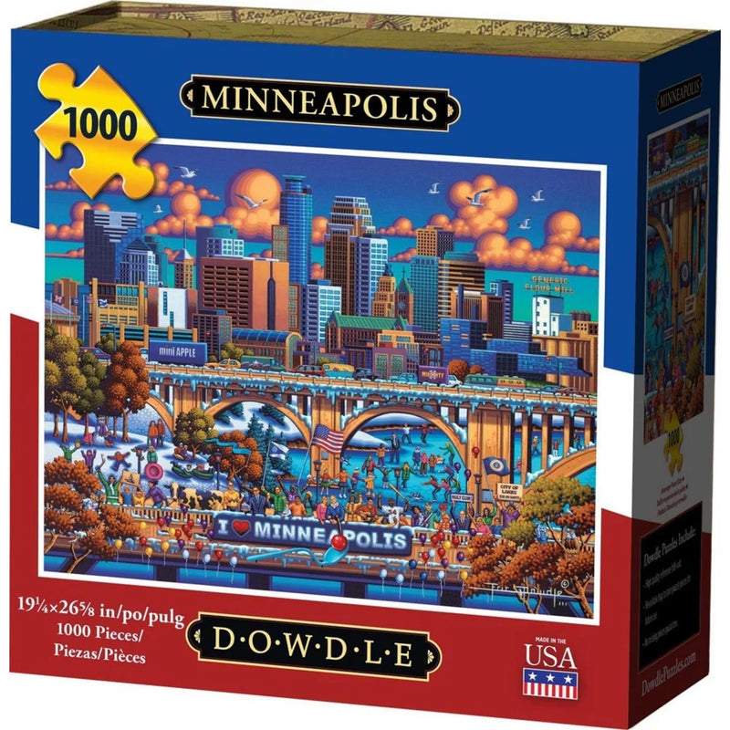 Dowdle 1000-piece jigsaw puzzle box featuring a colorful illustrated cityscape of Minneapolis with bridges, buildings, trees, and crowds, shown on a white background.
