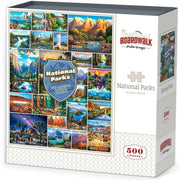 Box of a 500-piece jigsaw puzzle titled 'National Parks' by Boardwalk Puzzles & Designs, featuring a colorful collage of American national park scenes on the front and side panels.
