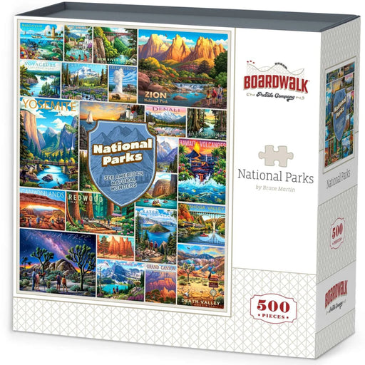 Box of a 500-piece jigsaw puzzle titled 'National Parks' by Boardwalk Puzzles & Designs, featuring a colorful collage of American national park scenes on the front and side panels.