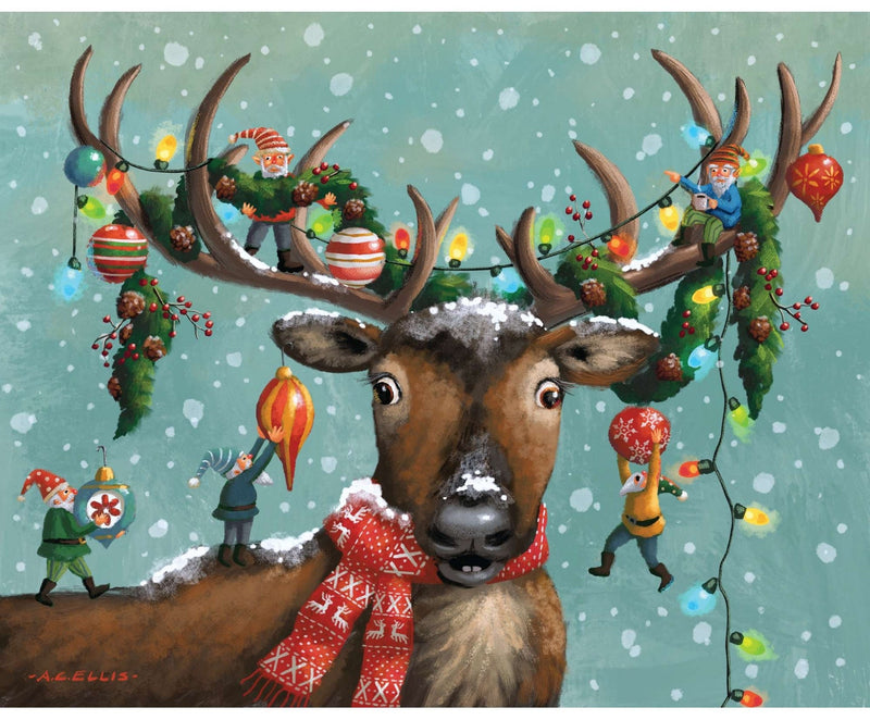 A festive illustrated scene featuring a brown reindeer with large antlers, wearing a red patterned scarf and surrounded by holiday decorations, colorful lights, ornaments, and small elf figures against a snowy mint-green background.