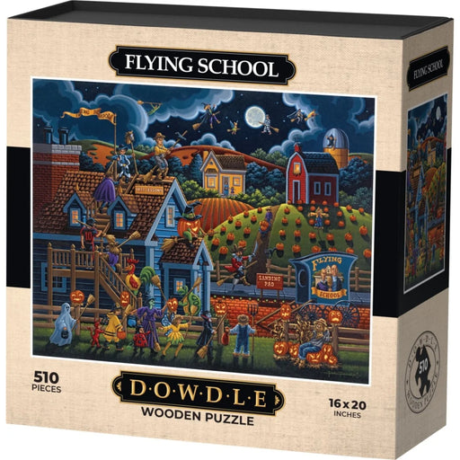Dowle Flying School Wooden Puzzle box, 510 pieces, 16 x 20 inches. The packaging features a detailed, colorful illustration of a spooky Halloween scene with flying tractors, ghosts, pumpkins, and farmhouses under a full moon.