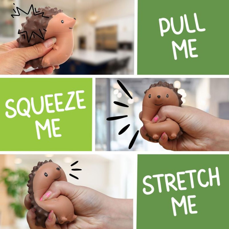 Hedgehog-shaped stress reliever toy with text instructions of pull me, squeeze me and stretch me on a green background