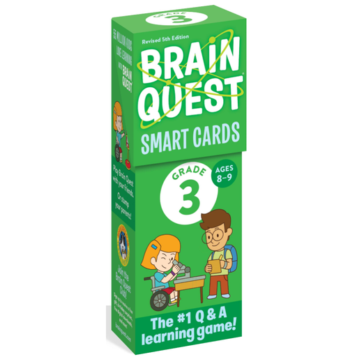 Box of Brain Quest cards with kids looking through a microscope and taking notes. 