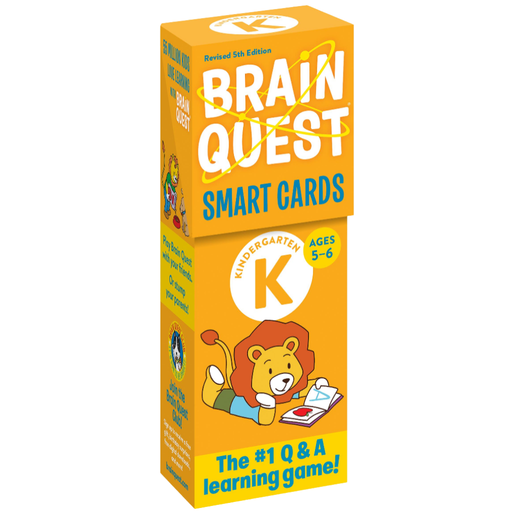 Yellow box of Brain Quest Smart Cards for Kindergarten with a lion illustration on a white background.
