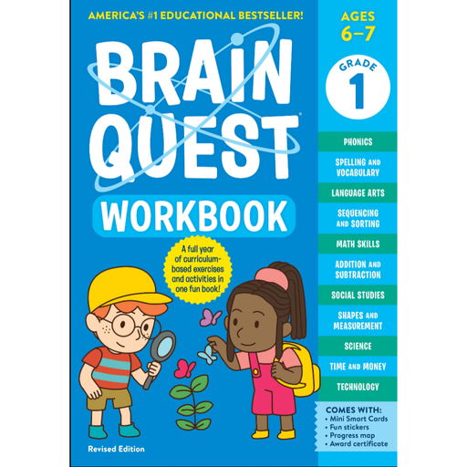 Book cover of 'Brain Quest Workbook' for Grade 1 with two children looking at flowers on a blue background.