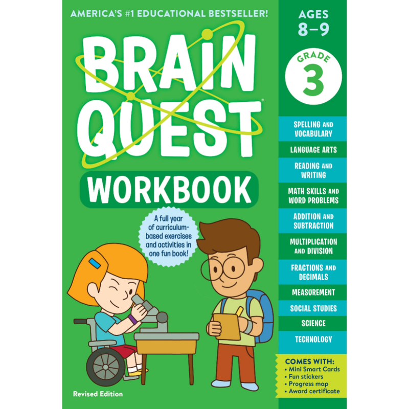 Book cover of 'Brain Quest Workbook' for ages 8-9 with child looking through microscope on a green background.