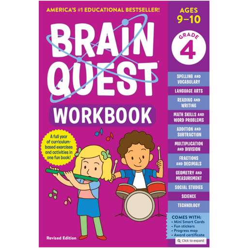 Cover of 'Brain Quest Workbook' for Grade 4 with kids play musical instruments on a purple background.