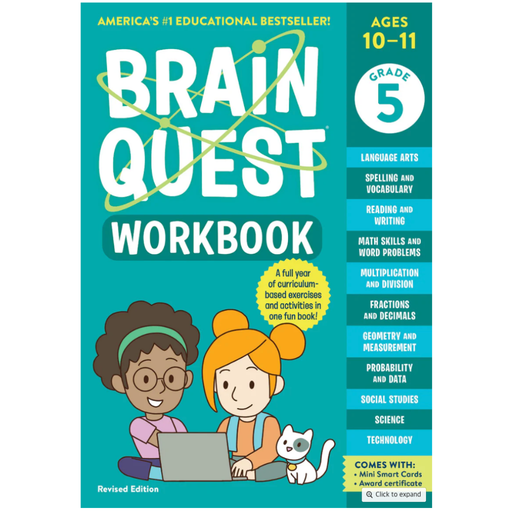 Book cover of 'Brain Quest Workbook' for Grade 5 with two children and a cat on a teal background.