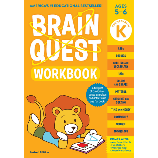 Brain Quest Kindergarten workbook cover featuring cartoon lion character and curriculum topics.
