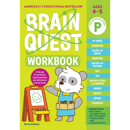 Brain Quest Pre-Kindergarten workbook cover with racoon character and curriculum topics listed.