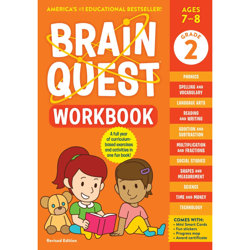 BrainQuest's Summer Bridgebook for Grade 2 (ages 7-8).  Book is orange with graphic images of 2 kids on a white background.