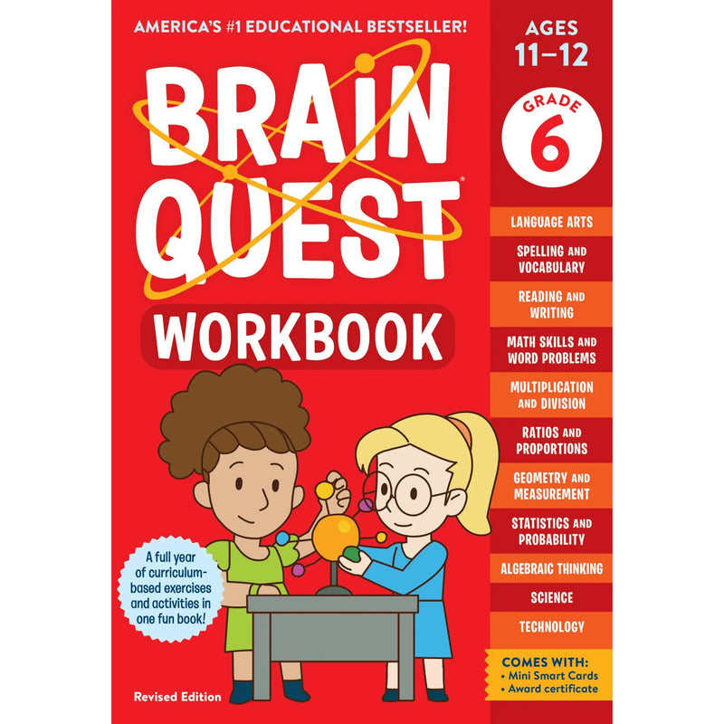 Book cover of 'Brain Quest Workbook' for Grade 6 (ages 11-12) with two children at a table on a red background.
