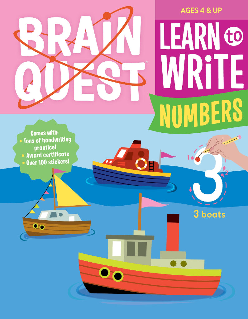 Brain Quest Learn to Write Numbers workbook cover featuring colorful boats and handwriting practice