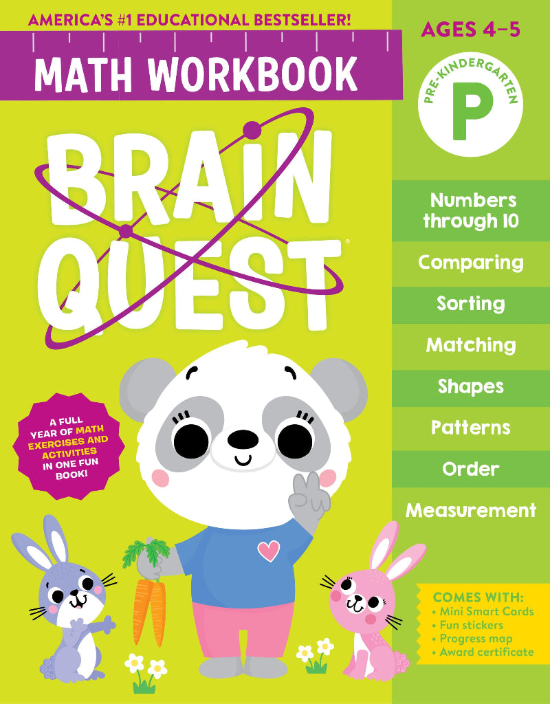 Brain Quest Math Workbook for Pre-Kindergarten ages 4-5 with colorful cover featuring panda character