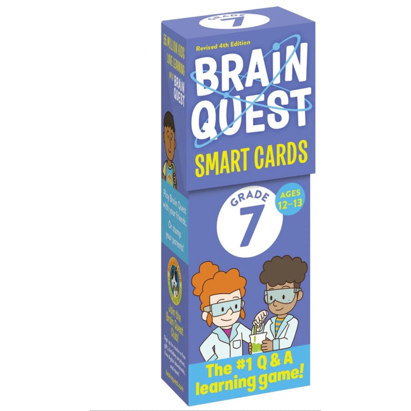 Brain Quest Smart Cards Grade 7 box on a plain white background. The packaging is primarily blue with white, yellow, and light blue text and cartoon illustrations of two students in lab coats.
