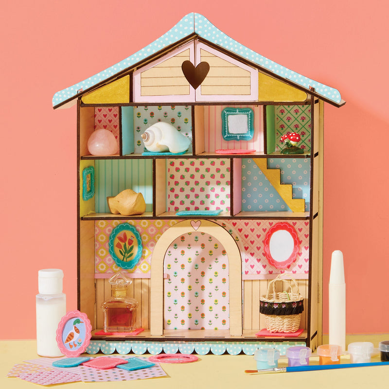 Bright Stripes painted wooden curio cottage with tiny collectibles