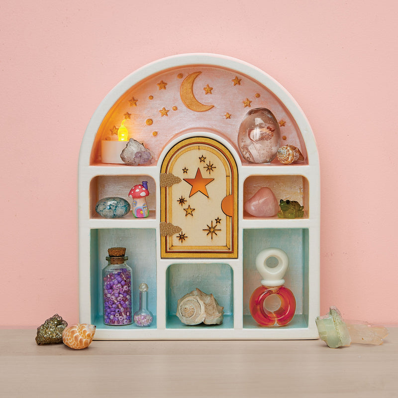 Bright Stripes painted curio shelf displaying colorful mini treasures