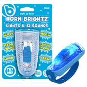 Horn Brightz lights and 12 sounds toy horn in blue packaging, shown with the clear light unit and blue handle accessory on a white background.
