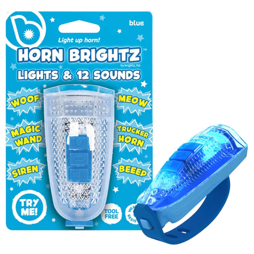 Horn Brightz lights and 12 sounds toy horn in blue packaging, shown with the clear light unit and blue handle accessory on a white background.