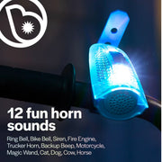 A blue illuminated bicycle handlebar bell or horn accessory mounted on a dark handlebar, with bright white light glowing from the front. White text on the image reads '12 fun horn sounds' and lists sound options.