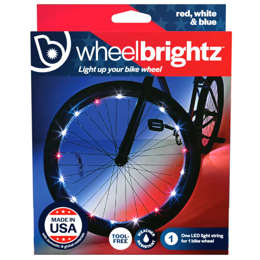 Boxed Wheel Brightz bike wheel LED light string, featuring red, white, and blue lights shown illuminated on a bicycle wheel graphic, with product branding and feature badges.