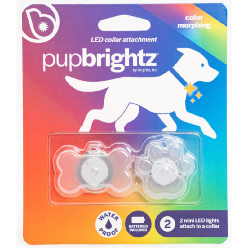 PupBrightz LED collar attachment in retail blister packaging, showing two clear color-morphing light pieces on a rainbow gradient card with a white dog silhouette and product text.